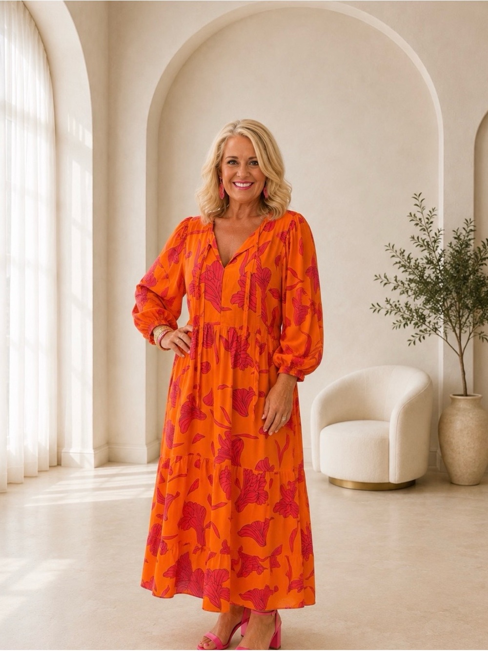 Vibrant Orange & Pink Floral Maxi Dress Size XL